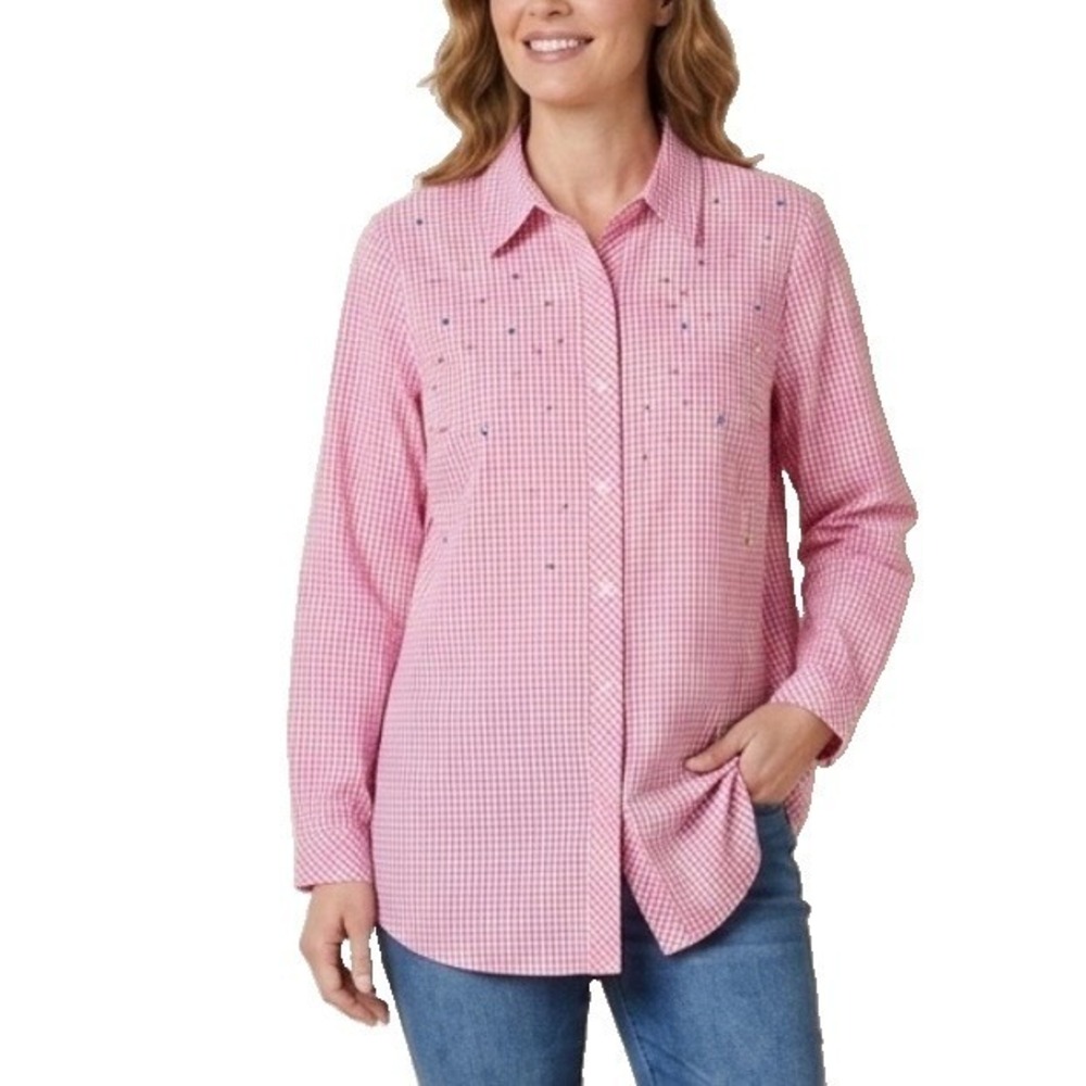 Quacker Factory Pink Gingham Colorful Rhinestone Button Shirt Pockets LARGE